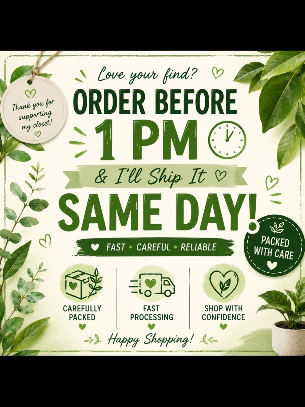 Same Day Shipping Sign - Green Botanical Graphic